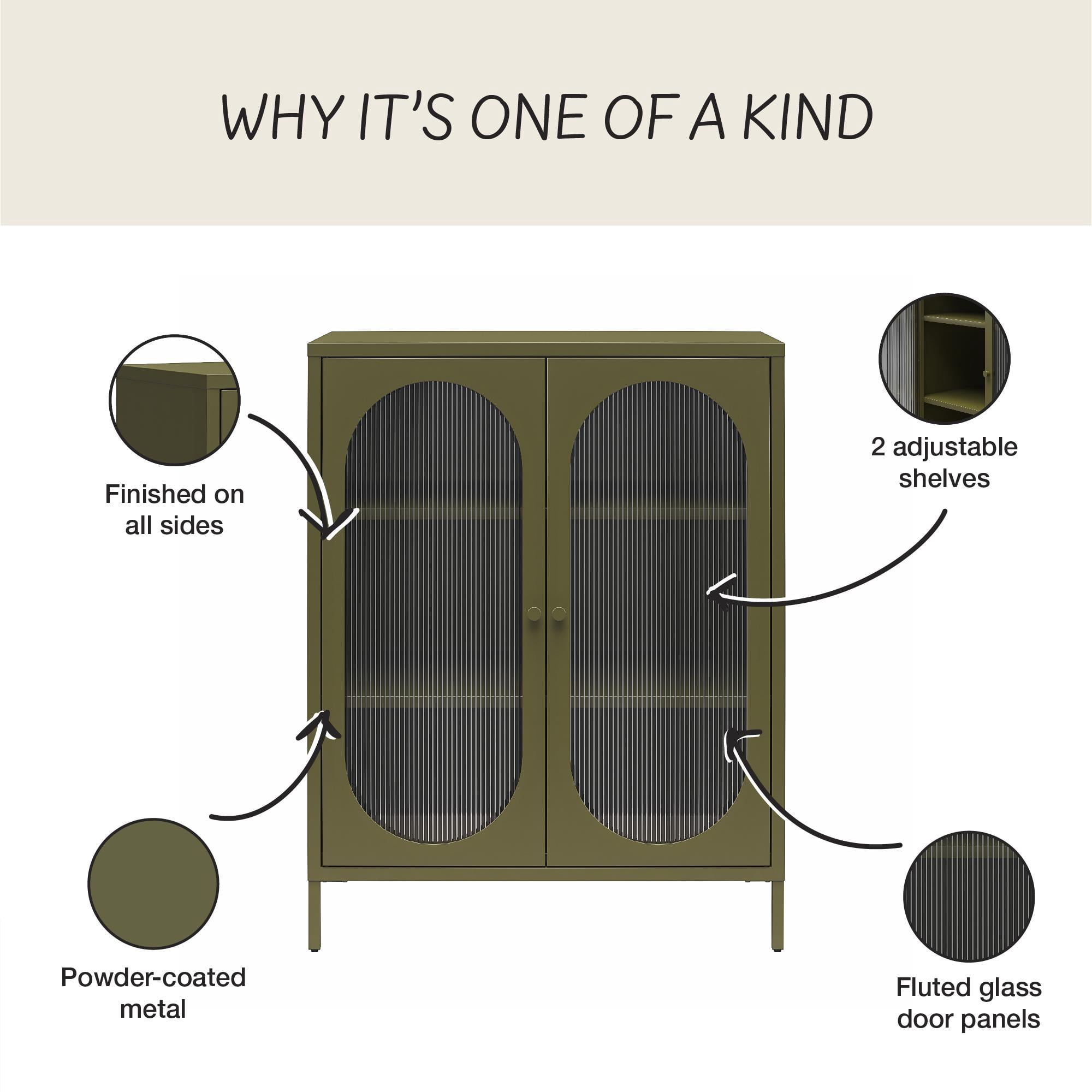 Mr. Kate Luna Short 2-Door Metal Accent Cabinet with Fluted Glass, Olive Green