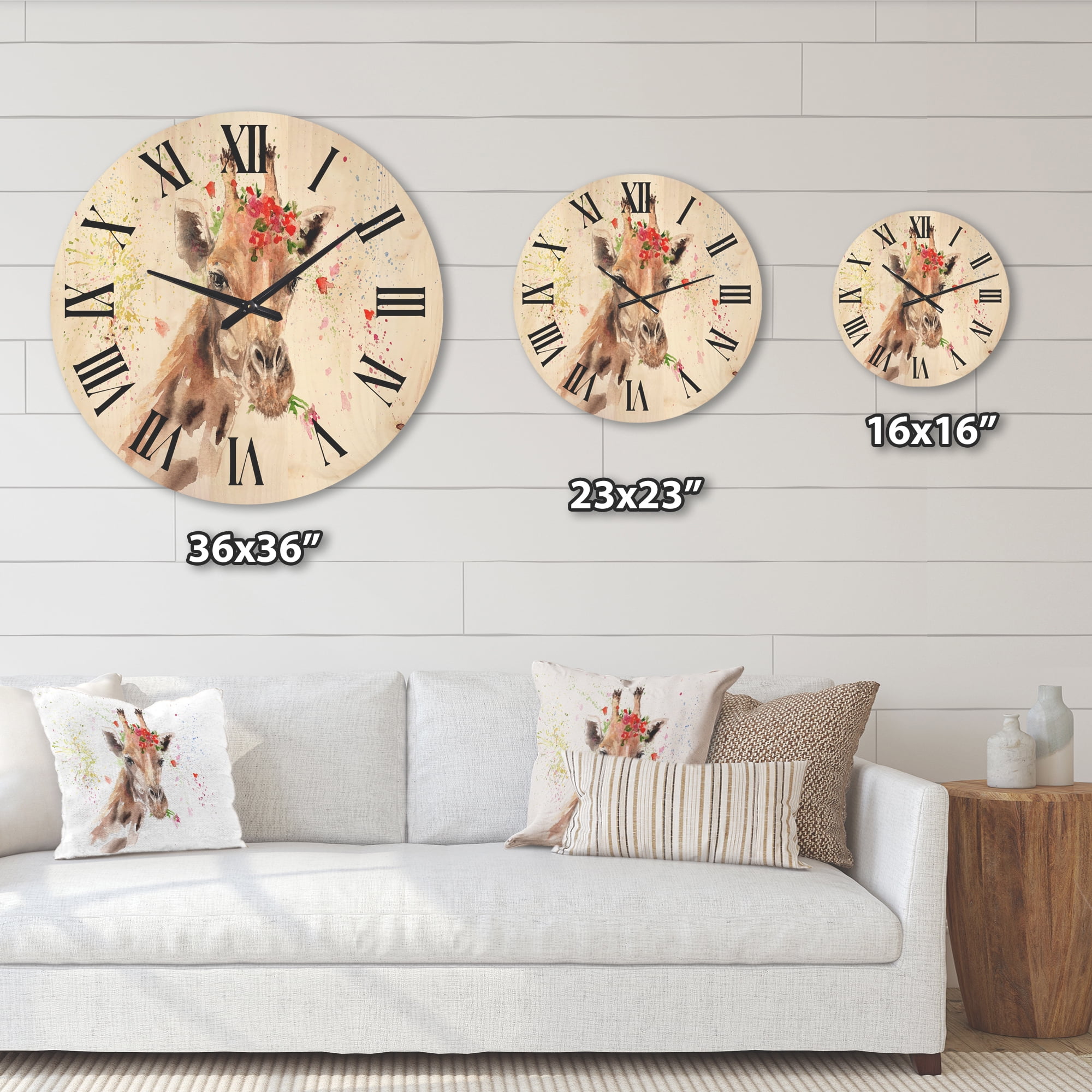 Designart 'Portrait of A Giraffe With Red Flowers II' Farmhouse Wood Wall Clock