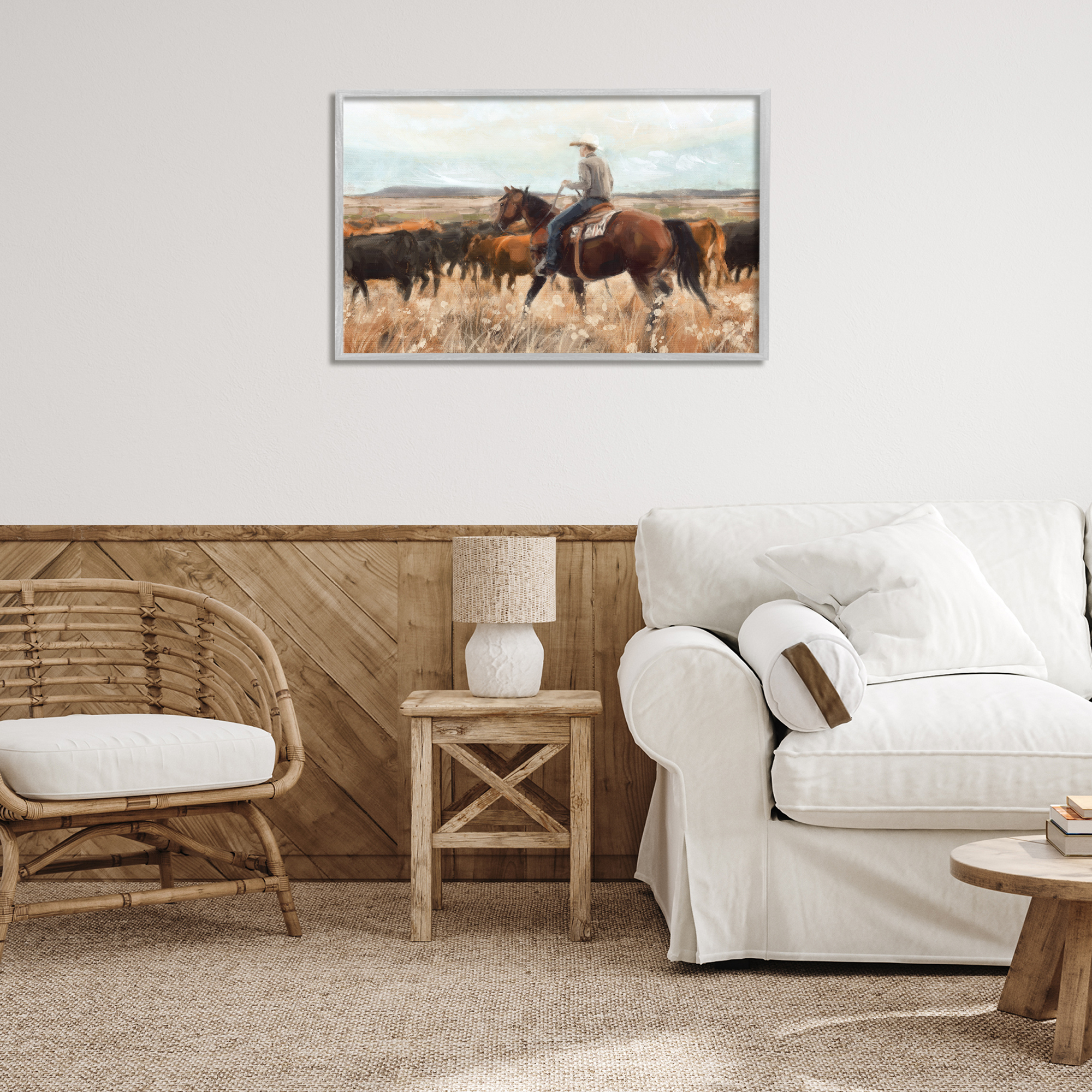 Stupell Industries Cowboy Rounding Cattle Landscape Painting Gray Framed Art Print Wall Art, 30 x 20