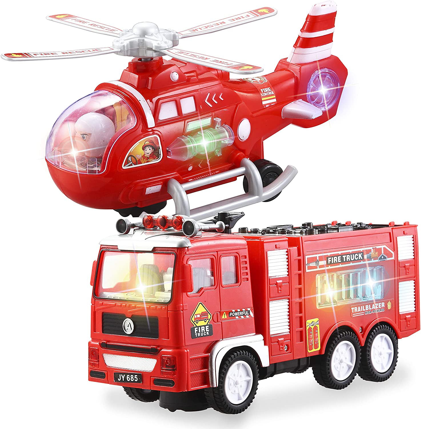 JOYIN 2 Pieces Fire Truck Toy and Helicopter Rescue Vehicle Toy Set with 4D Stunning Lights and Sounds Automatic Bump & Go Toy for Kids 
