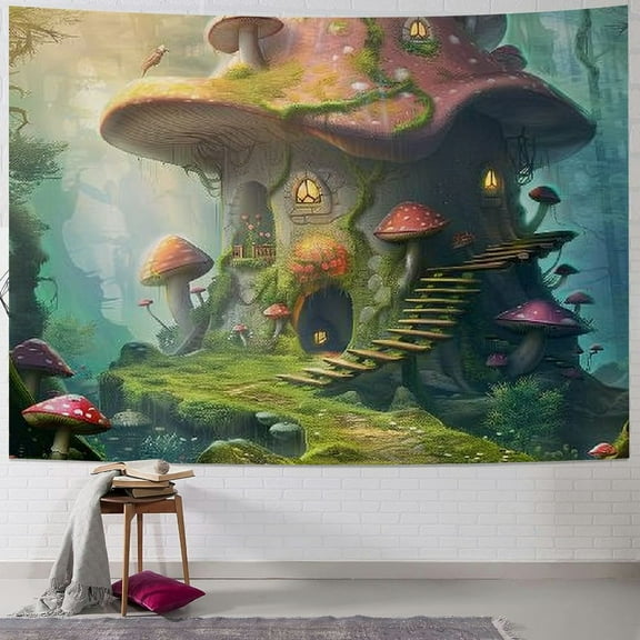 JRXY Fantasy Forest Enchanted Mushroom Tapestry Wall Hanging Fairytale Magical Wonderland Tree House Tapestry Decor for Living Room Bedroom Painting