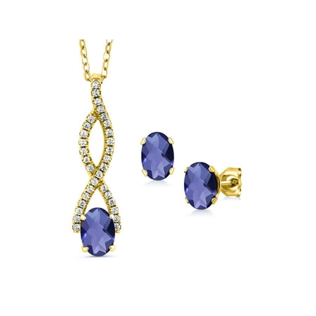 Iolite Pendant Set - 2.33 Ct Oval Checkerboard Blue Iolite 18K Yellow Gold Plated Silver Pendant Earrings Set