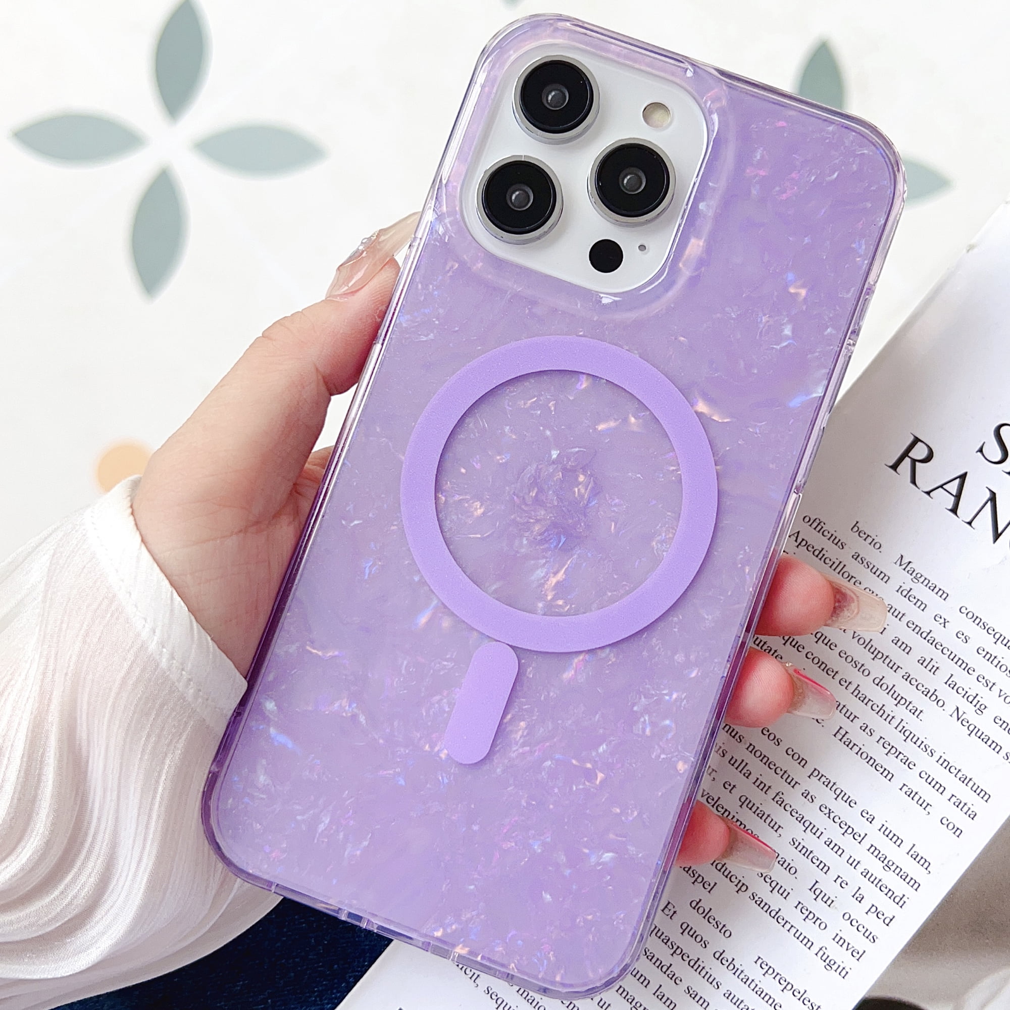 Magnetic Case for iPhone 14 Pro Max Sparkle Glitter Shell Pattern Cover, Compatible with MagSafe Wireless Charging, TPU Shockproof Non-Yellowing Slim Lightweight Case for iPhone 14 Pro Max,Purple
