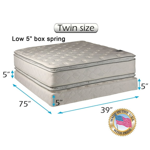 Dream Solutions Brand Soft PillowTop Mattress and Low Height Box Spring Set with Bed Frame Included - 2-Sided Sleep System with Enhanced Cushion Support, Spine Support, Longlasting (Twin size)