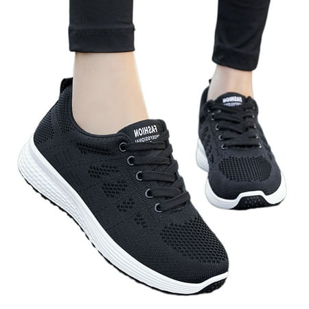 

nsendm Female Fashion Sneakers Adult Slip on Sneaker Shoes for Women Flat Bottom Non Slip Lace Up Fly Woven Mesh Upper Breathable Womens Sneaker Socks Black 7