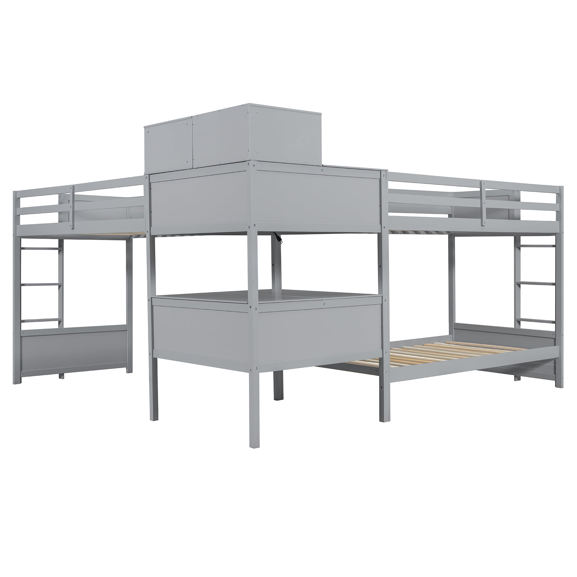 Mintazer Twin L-Shaped Triple Bunk Bed with Desk & Charging Station, Triple Bunk Bed with 4 Drawers & Guardrails for Kids Teen Bedrooms, Gray