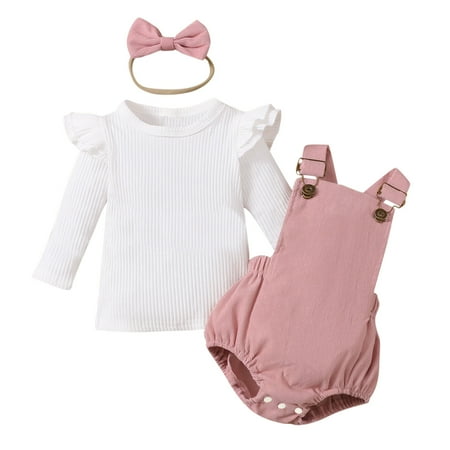 

Toddler Girls Outfit Sets Long Sleeve Ribbed T Shirt Tops Suspenders Shorts Headbands Outfits