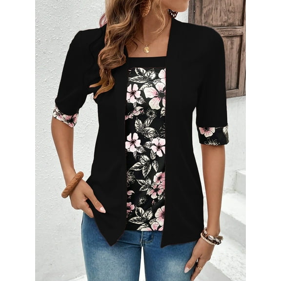 Women's Fashion Fake Two Piece Five Sleeve Printed Splicing Women's Casual Loose Top T-shirt