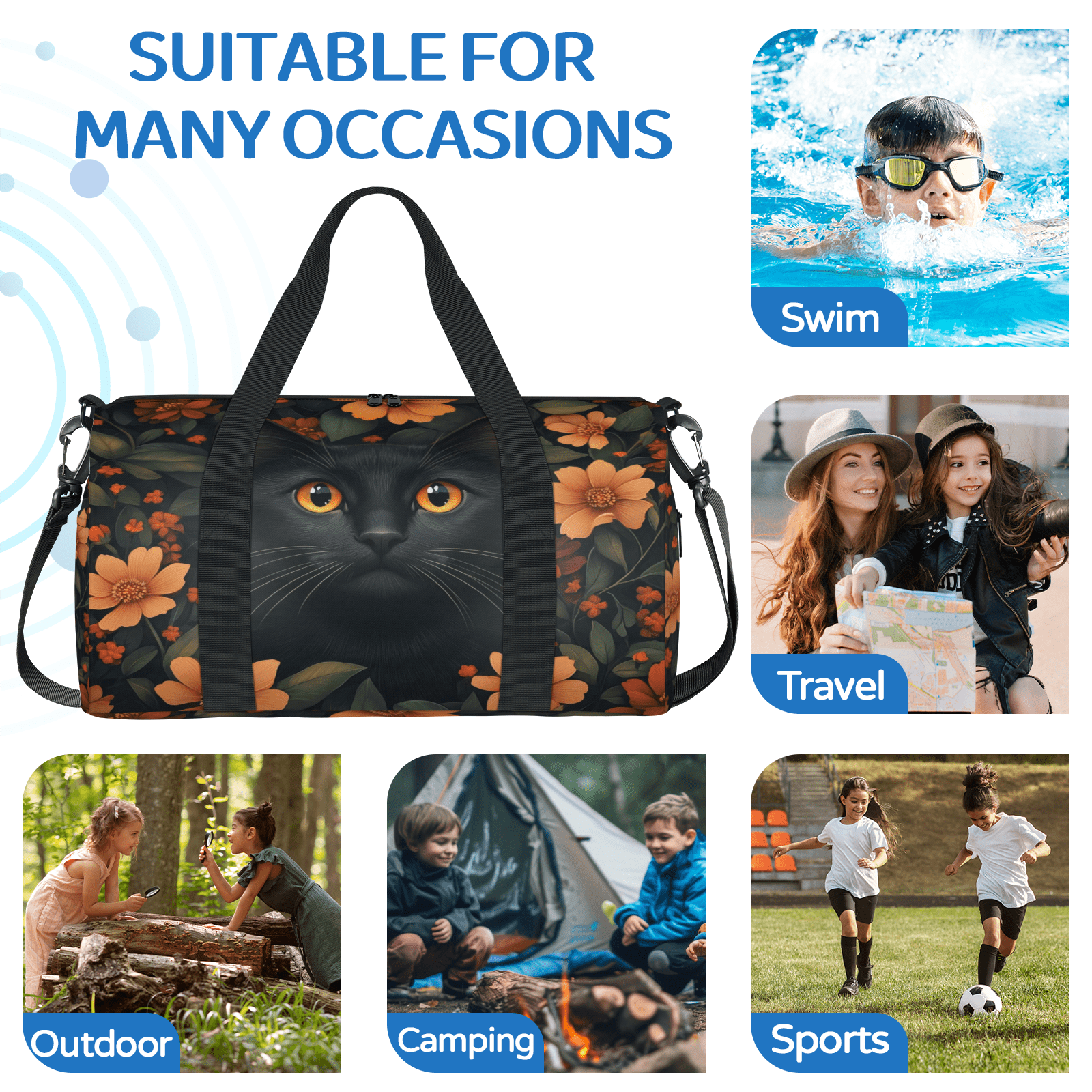 Herdesigns Black Cat Gym Bag for Women, Cute Cat Duffle Bag for Travel Sport, Lightweight Waterproof Carry on Weekender Overnight Dance Yoga Workout Bags