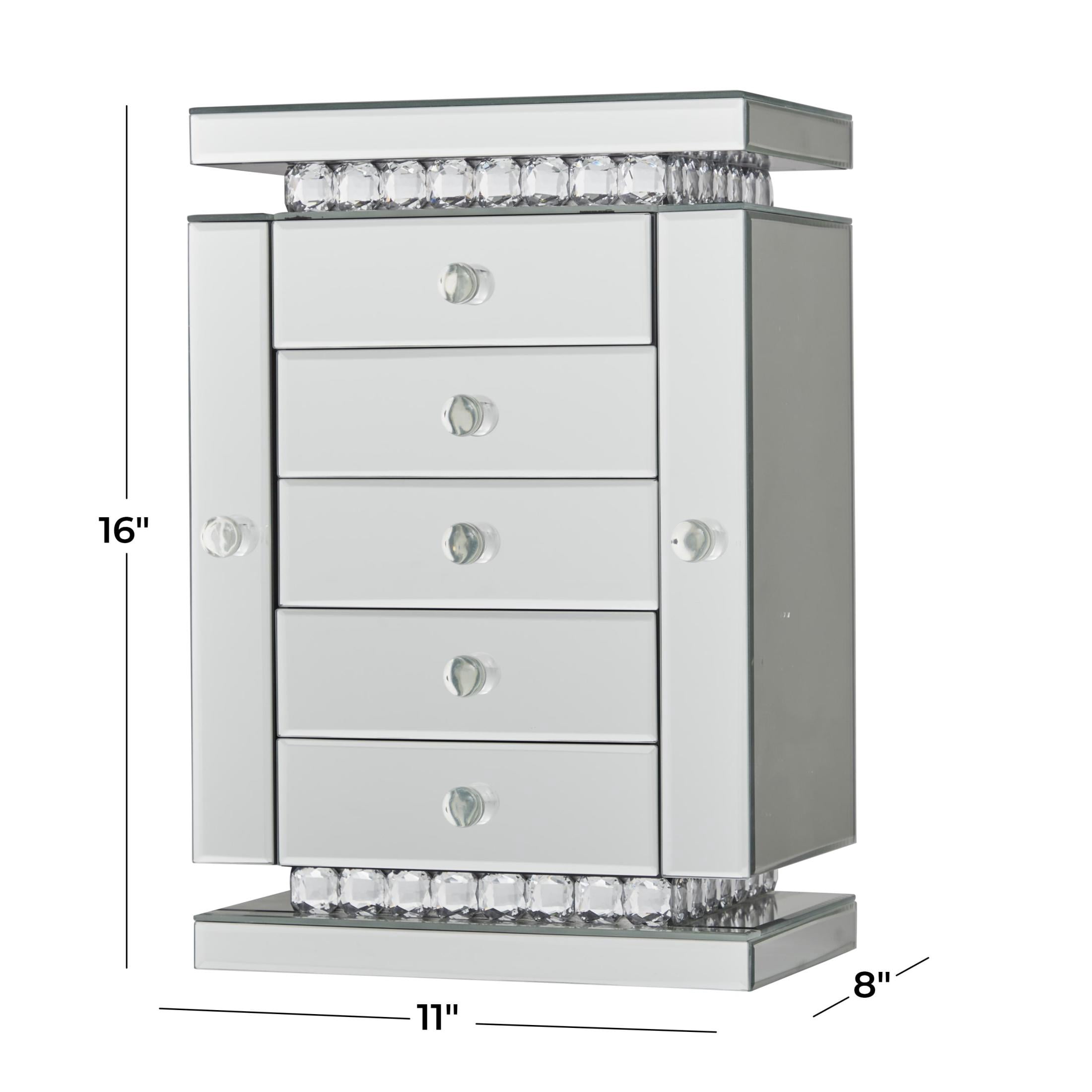 DecMode Mirrored 5 Drawers Silver Wooden Decorative Jewelry Box with Crystal Embellishments