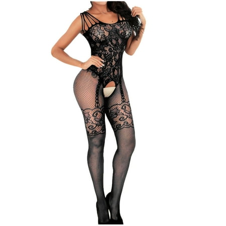 Tao Tao Women Halter Fishnet Bodystocking Babydoll Lingerie Full Body Stockings Bodysuits Mesh Sleepwear Black One Size