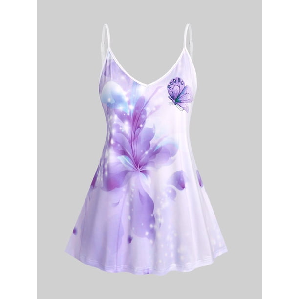Tank Top con Estampado de Mariposa en Talla Extra con Escote Pico Rosegal Camisetas sin mangas de talla grande