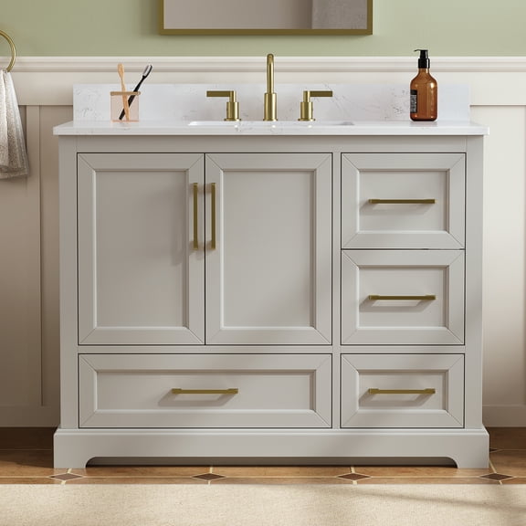 DELUXE LIVING 42" Bathroom Vanities with Single Sink, Fully Assembled Engineered Stone Top & Backsplash Vanity Cabinet, Flaxen