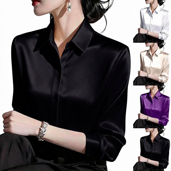 Purcolt Women's Satin Button Down Blouse Long Sleeve Collared Dress Shirt for Work Office Business Evening Wear Dressy Casual Travel Weekend Blouses