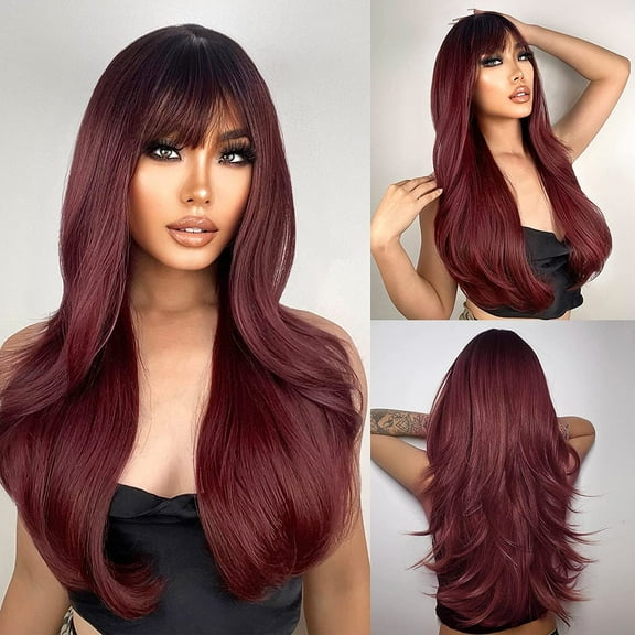 DOPI Light Brown Wigs for Women Brown Wig with Bangs 24‘’Ombre Brown Wig with Dark Roots Long Layered Wig Heat Resistant Synthetic Wig Natural Looking Wigs for Daily Party Use
