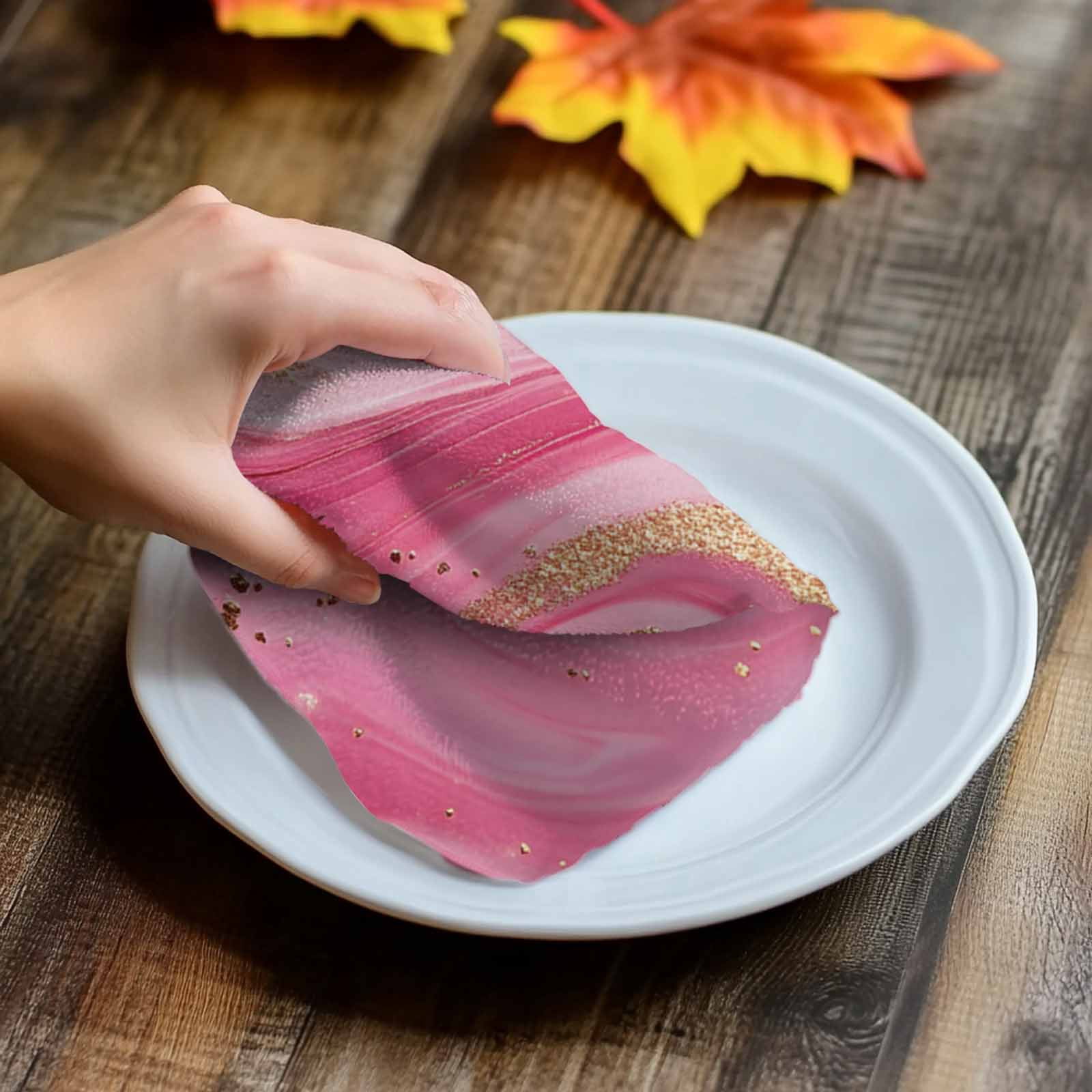 Marble Pink Kitchen Towel Dish Cloths Set of 2, Microfiber Soft Kitchen Hand Towels, Modern Abstract Artwork Luxury Golden Absorbent Quick Drying Dishcloths 18 x 28 Inches