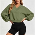 thumbnail image 2 of hoksml Women's Cropped Sweatshirt, V-Neck Balloon Long Sleeve Oversized Pullover Top with Loose Fit, Solid Color Casual Activewear, 2 of 6