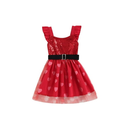 

Genuiskids Toddler Girl Valentine Day Dress Sleeveless Fashion Sequin Backless Heart Print A-line Dress Tulle Tutu Dress One Piece Baby Girl Holiday Clothes