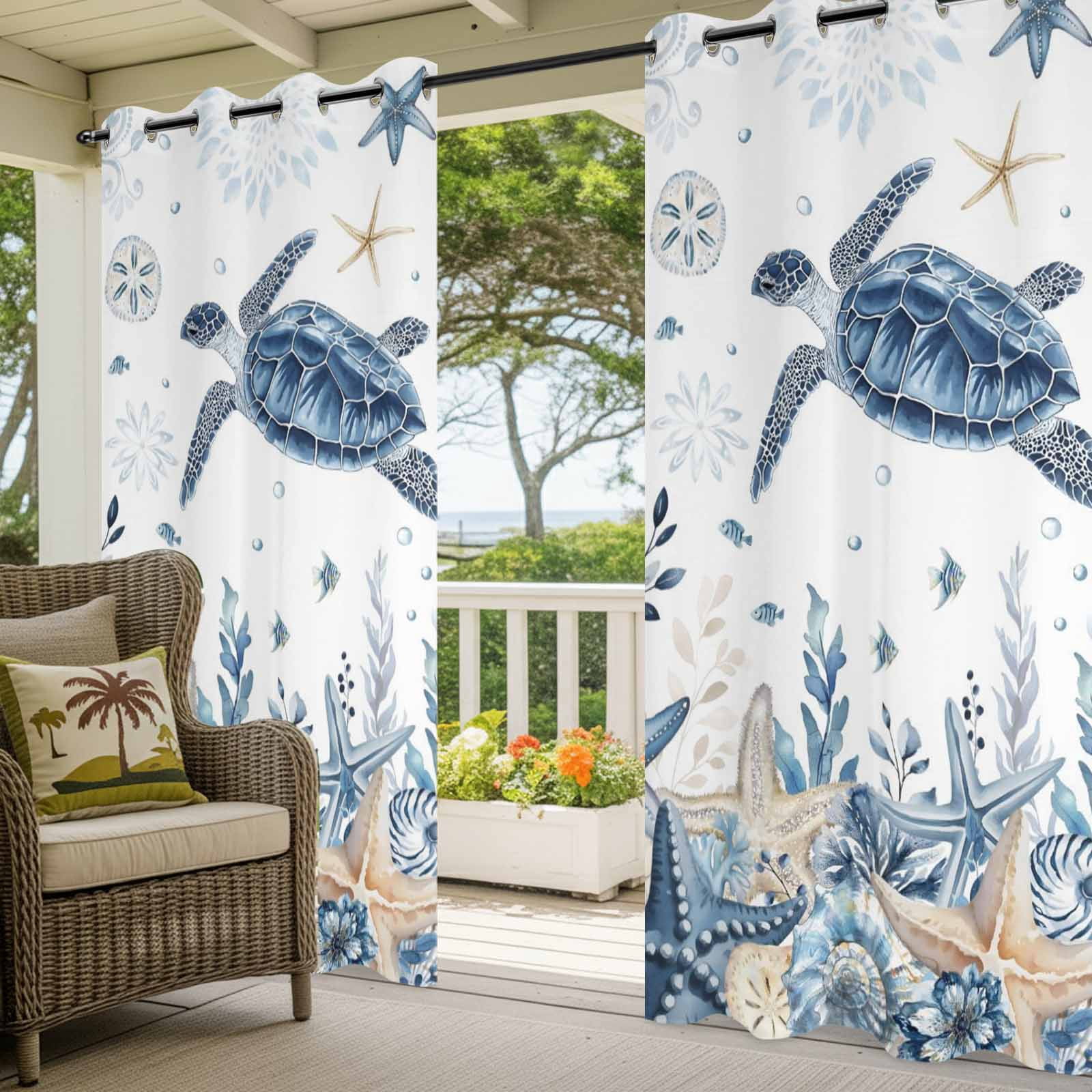 Ocean Turtles Outdoor Curtains for Patio, Blue Yellow Sea Star Shell Coral Sunshade Privacy Drapes Grommet Waterproof Outside Curtains for Porch/Cabana/Balcony 54"x 108", 1 Panel
