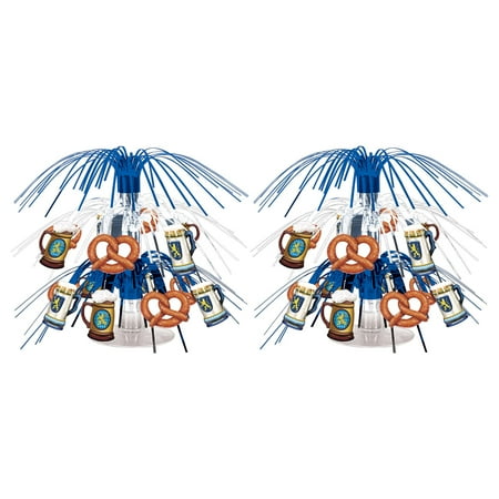 Beistle Set of CORNET 2 Mini Cascade Oktoberfest Centerpieces, 7.5”- Metallic Silver and Blue Plastic Fringe with Pretzels and Steins, German Themed Beer Festival Bavarian Party Table Decorations