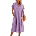 thumbnail image 6 of Kojanyu Women's Summer Fashion Solid Color V-Neck Short Sleeve Pocket Knee-Length Dress – Lightweight Casual Cotton-Like Polyester Midi Dress for Daily Wear, 6 of 6
