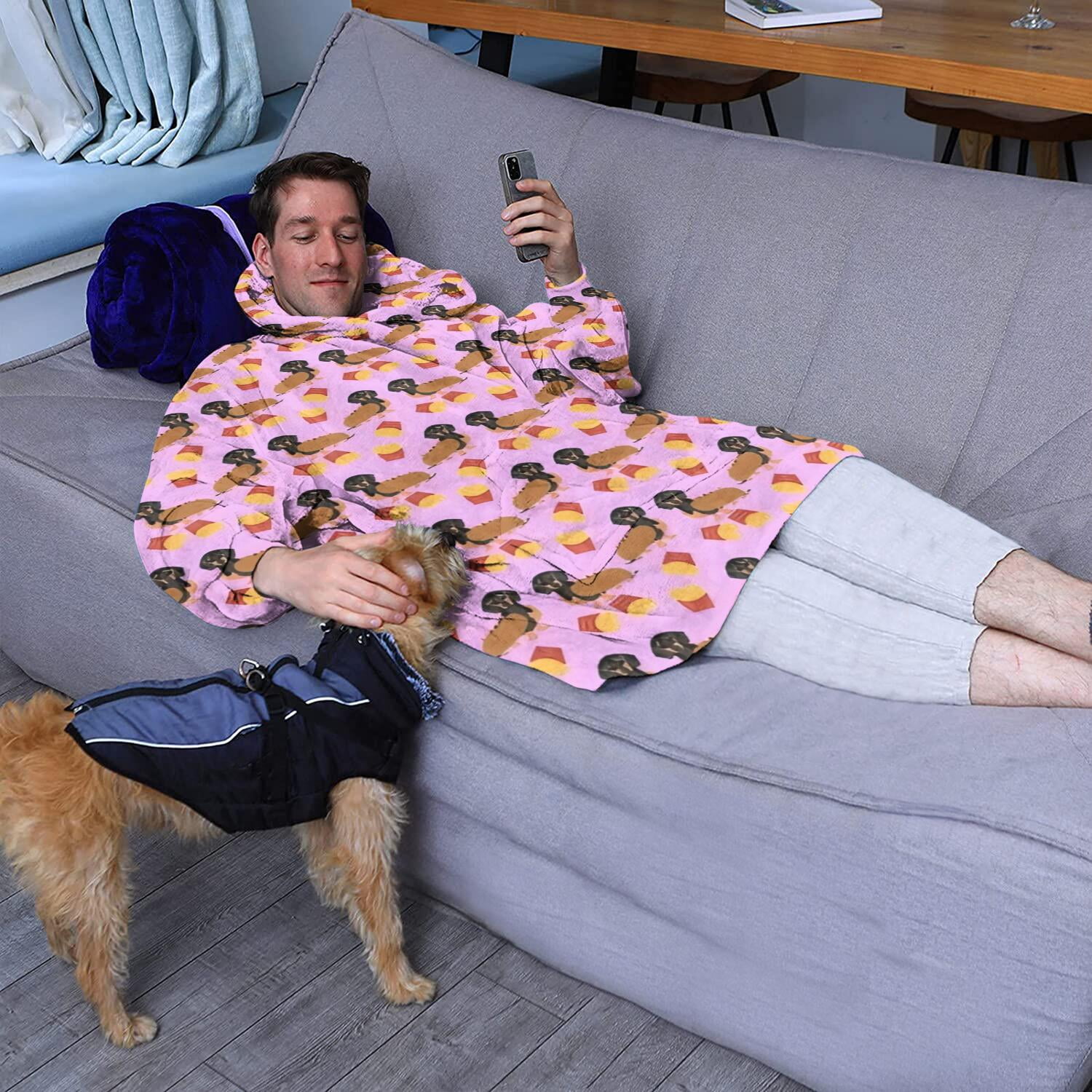 Pink Dachshund Chips Wearable Oversized Blanket,Wearable Blanket Hoodie for Adults,Cozy Hooded Blankets with Super Pockets,Super Warm Fuzzy Pullover for Women & Men
