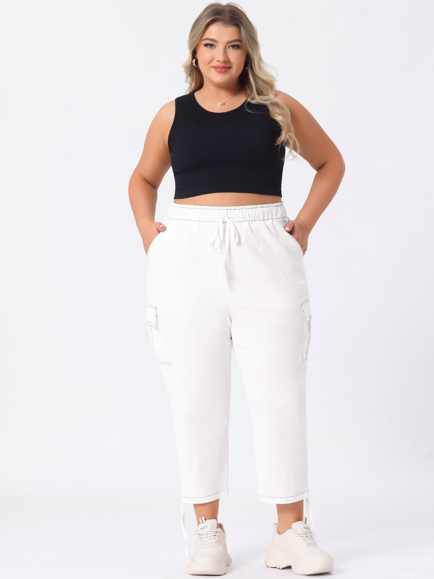 Plus Size Cargo Pants for Women High Waist Drawstring Elastic Waist 3X White