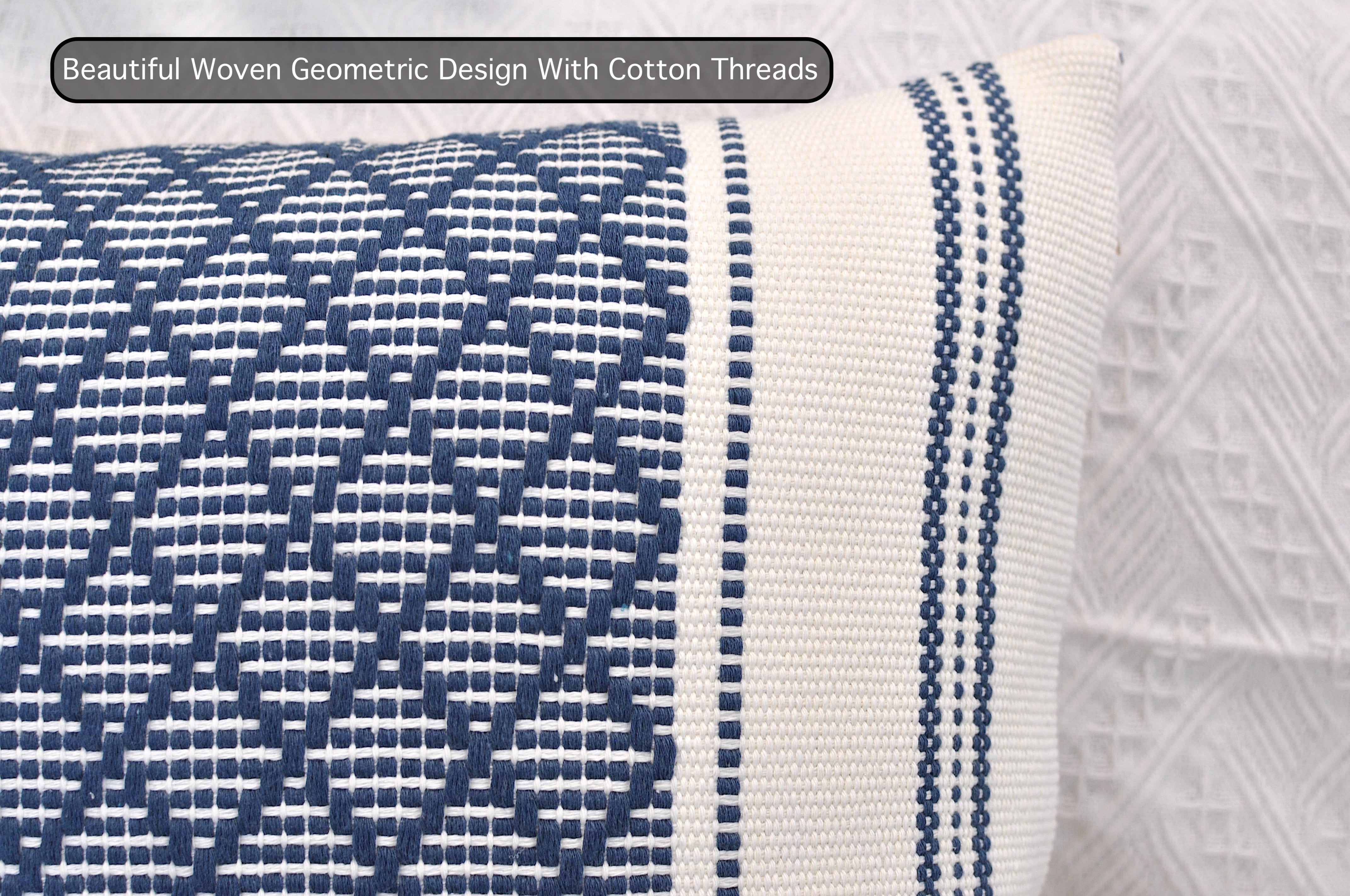Cotton Woven Designer Throw Pillow Covers, Navy Blue and Cream White, 18 x 18 inches | Square Cushion Covers with Geometric Design Set of 2
