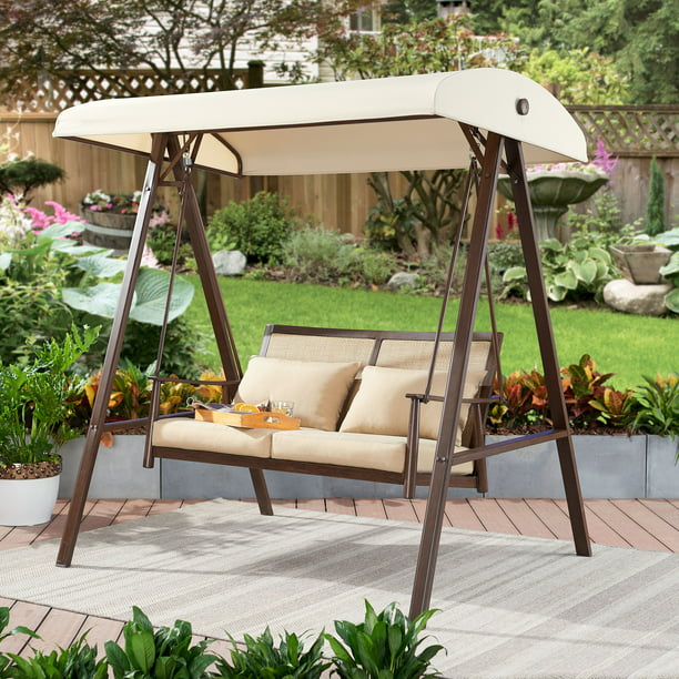 Better Homes & Gardens Vaughn Canopy Patio Swing with Beige Cushions ...