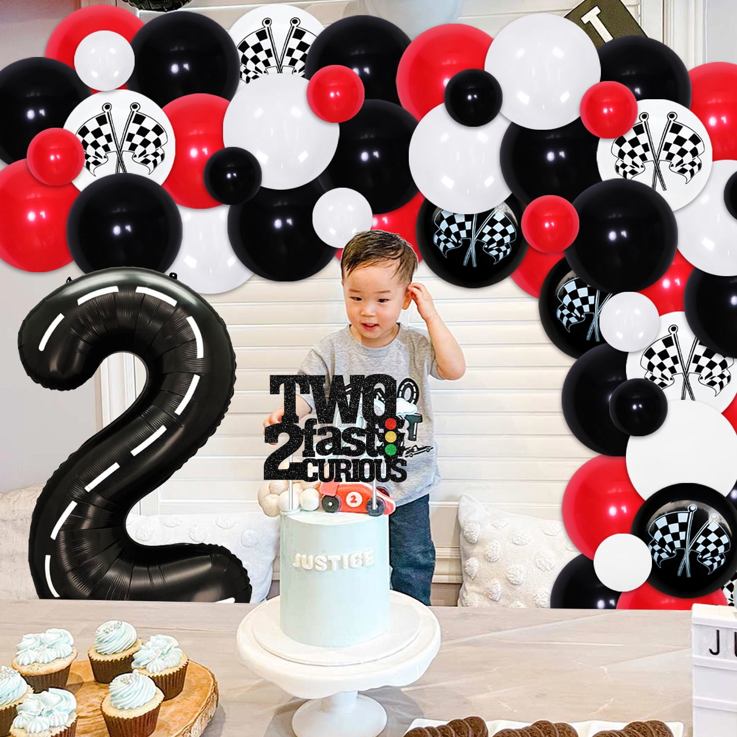 Cheereveal Racing Car 2nd Birthday Decoration Kit, 50 Balloons, Banner & Topper