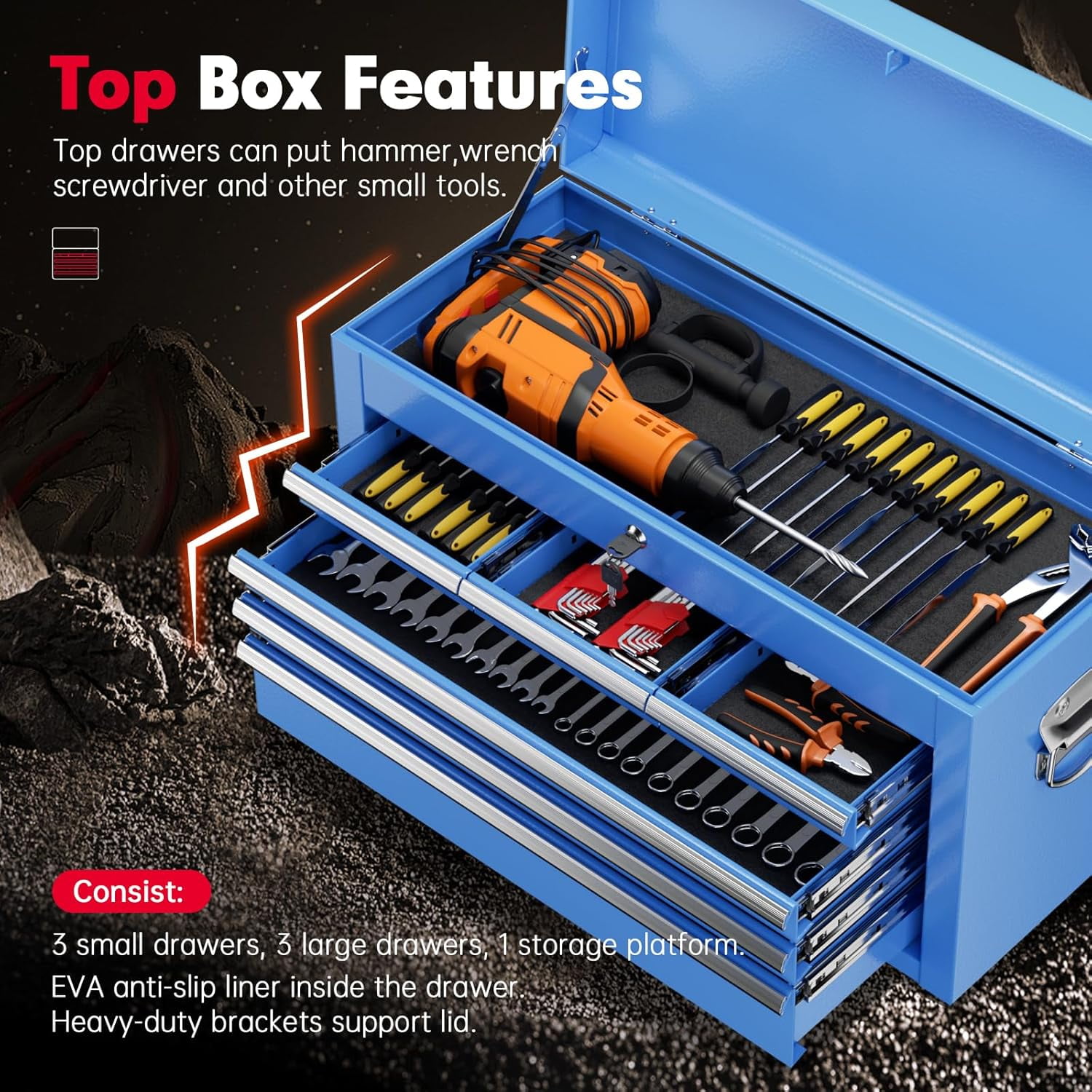 SOLAURA 8-Drawer Rolling Tool Chest with Detachable Top Box, Metal Tool Box with Wheels, Lockable Storage Cabinet for Warehouse, Garage, Workshop, Barbershop, Blue