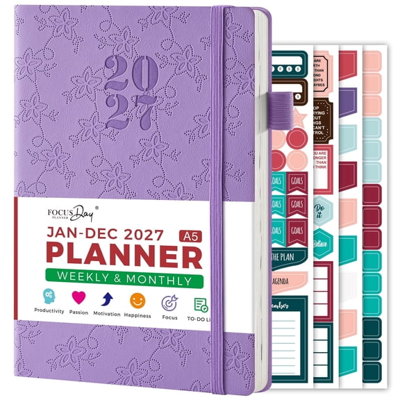 NIRMIRO 2027 Weekly & Monthly Planner, Jan 2027 – Dec 2027, Embossed Soft Cover Calendar Book with 12 Tabs, 4 Stickers & Inner Pocket, for Goal Traking, 5.7"x8.3"