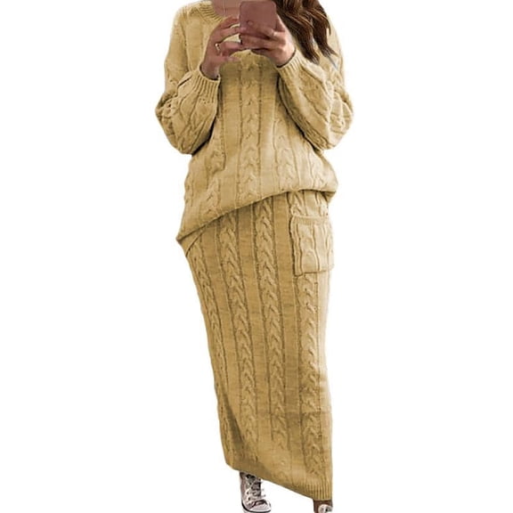 Women's Warm Cable Knit Top and Long Skirt Winter Ensemble Set