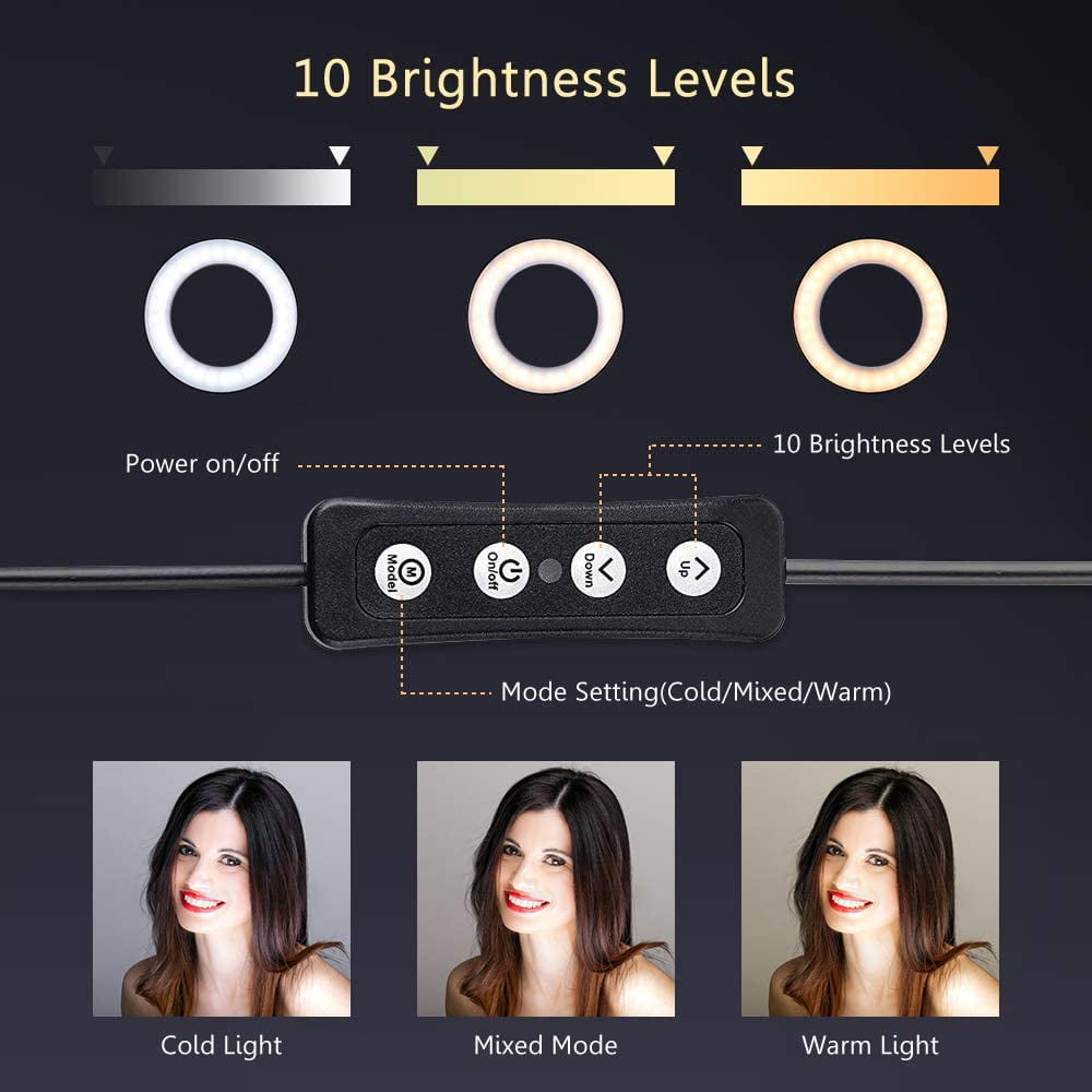 LED Ring Light, 6" Mini LED Camera Light with Cell Phone Holder Desktop, LED Lamp with 3 Light Modes & 10 Brightness Level