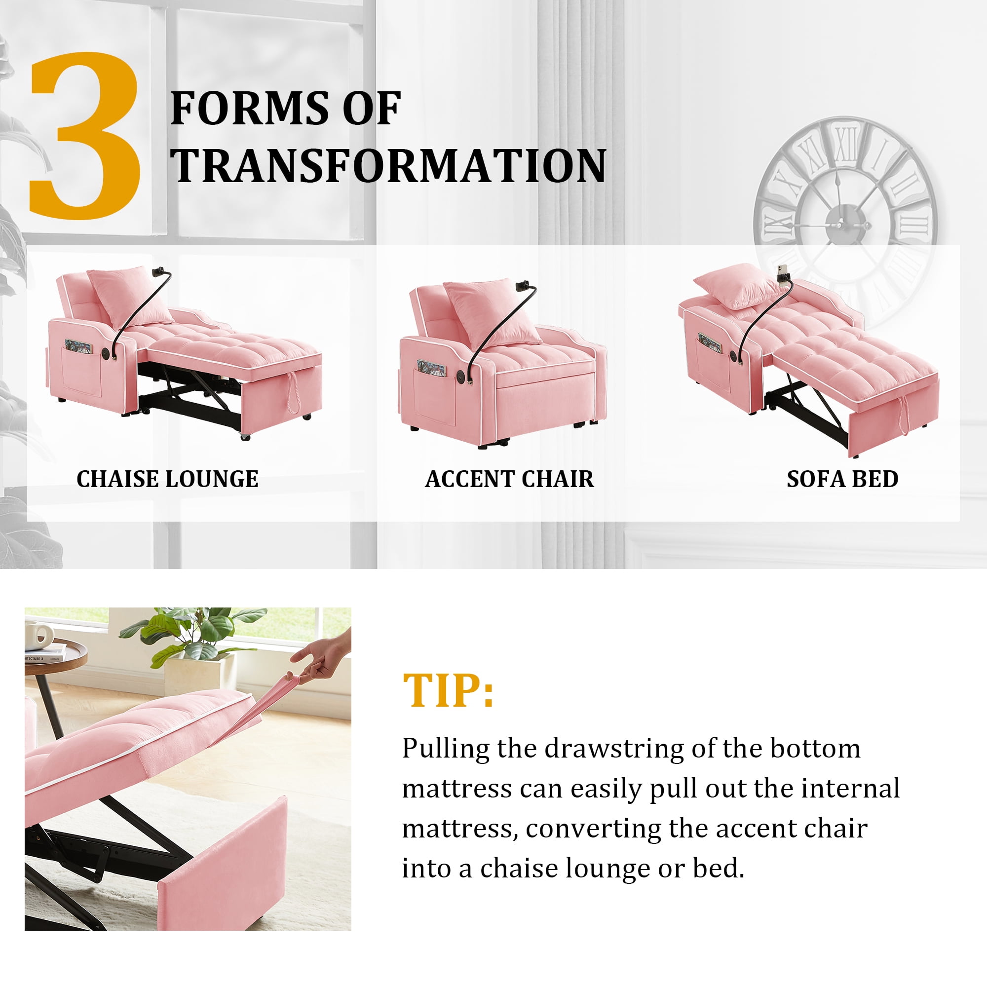 MOONMISS 3 in 1 Sleeper Sofa Chair Bed,Velvet Adjustable Recliner with Charge Ports&Phone Holder,Pink