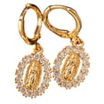 thumbnail image 1 of Aretes pequeños colgantes Virgen de Guadalupe, con zirconias blancas, oro laminado 18k, 1 of 3