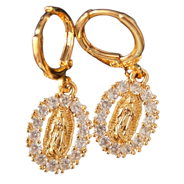 Aretes pequeños colgantes Virgen de Guadalupe, con zirconias blancas, oro laminado 18k