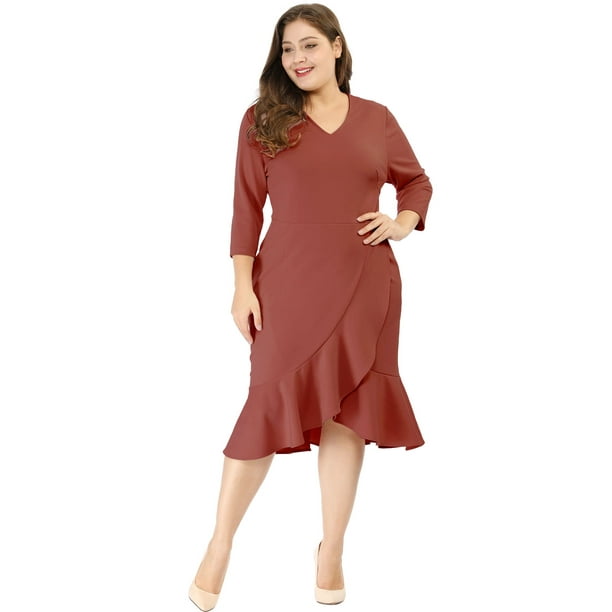 Vestido Midi con volantes Cuello V de Cóctel Agnes Orinda Rojo Ladrillo 3XL