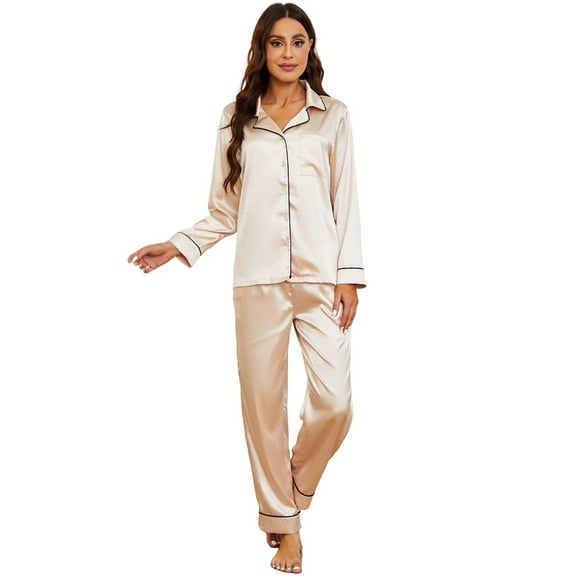 HEARTNICE Women Silk Pajamas Set, Button Down Satin Sleepwear Lightweight Pjs Set,(Champagne,L)