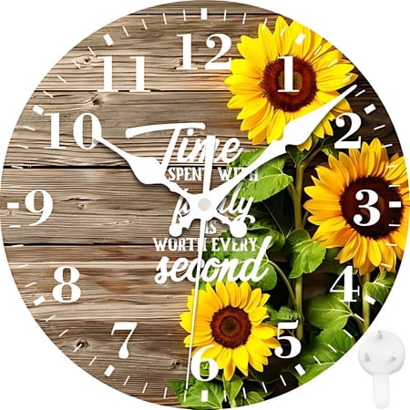 Wall Clocks Battery Operated, Retro Sunflowers on Wooden Board Silent Non Ticking Decorative Indoor Outdoor Wall Clocks for Living Room Kitchen Bedroom Bathroom