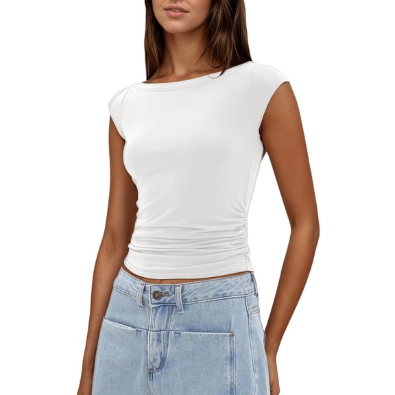 DHFJKG Crop Tops For Women Boat Neck Short Sleeve T Shirt Sexy Slim Fit Basic Tee Summer Going Out Daily Wear Soft Top