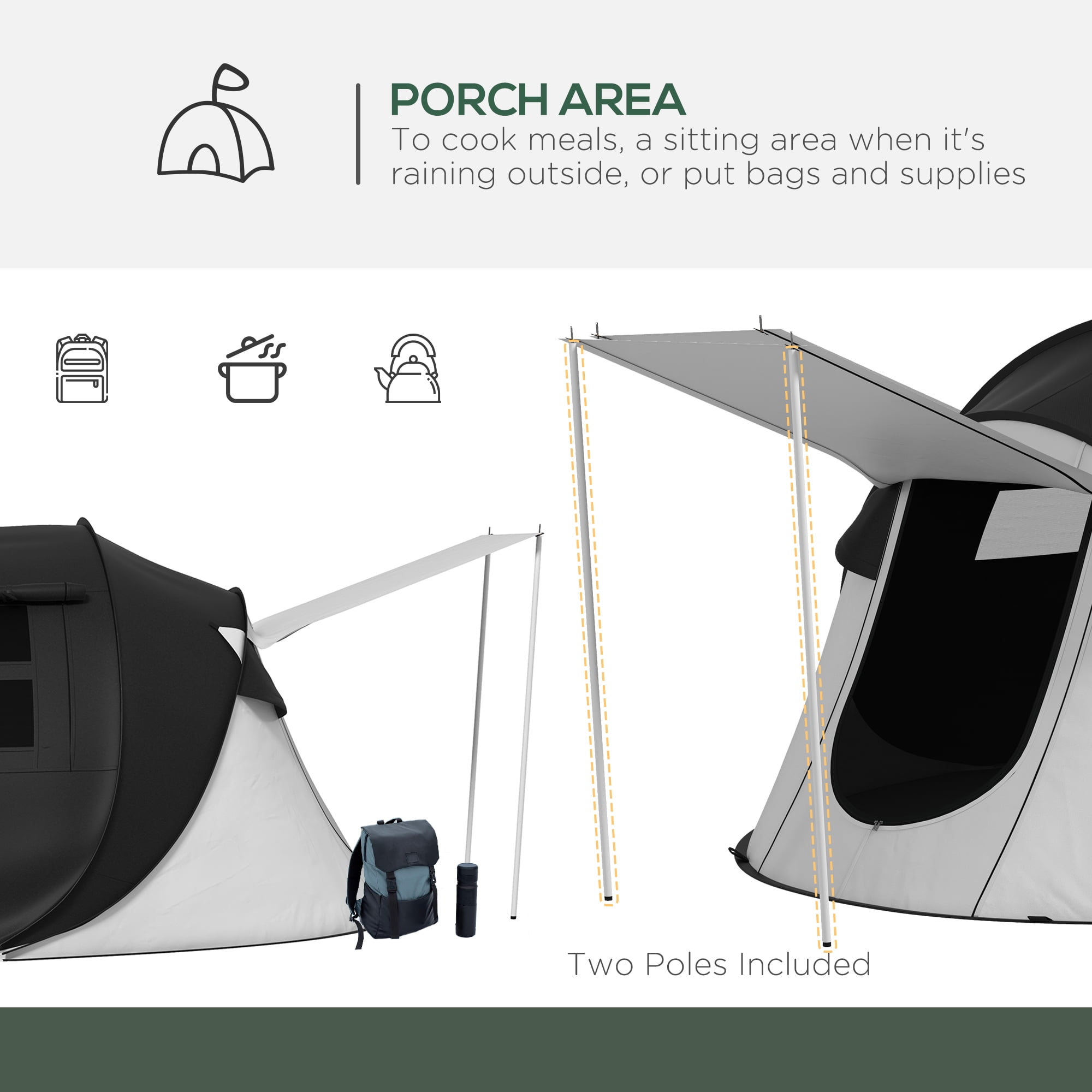 Outsunny Camping Tent with Porch and Carry Bag, 3000mm Waterproof, Black