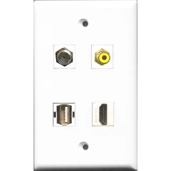 RiteAV 1 Port HDMI and 1 Port RCA Yellow and 1 Port Coax Cable TV- F-Type and 1 Port Shielded Cat6 Ethernet Wall Plate