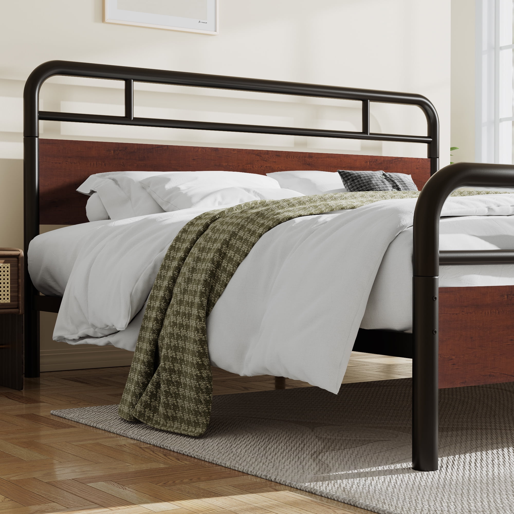 Sha Cerlin Dark Brown King Size Metal Platform Bed Frame with Industrial Heavy Duty Wooden Headboard