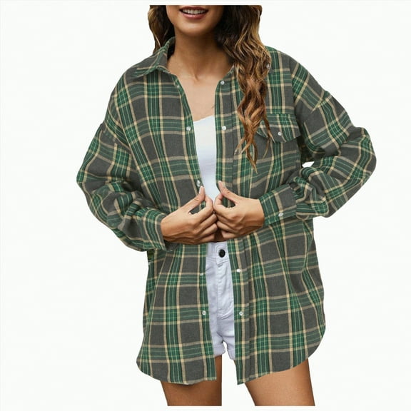 Towmus Womens Plus Size Button Down Flannel Shirts Long Sleeve Plaid Shackets Business Casual Blouse Top