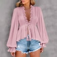 thumbnail image 2 of Ltctricy Peplum Tops for Women Ruffle Long Sleeve Deep V Neck Lace Trim Tie Front Babydoll Shirts High Low Hem Tunic Blouses(Pink,Small), 2 of 7