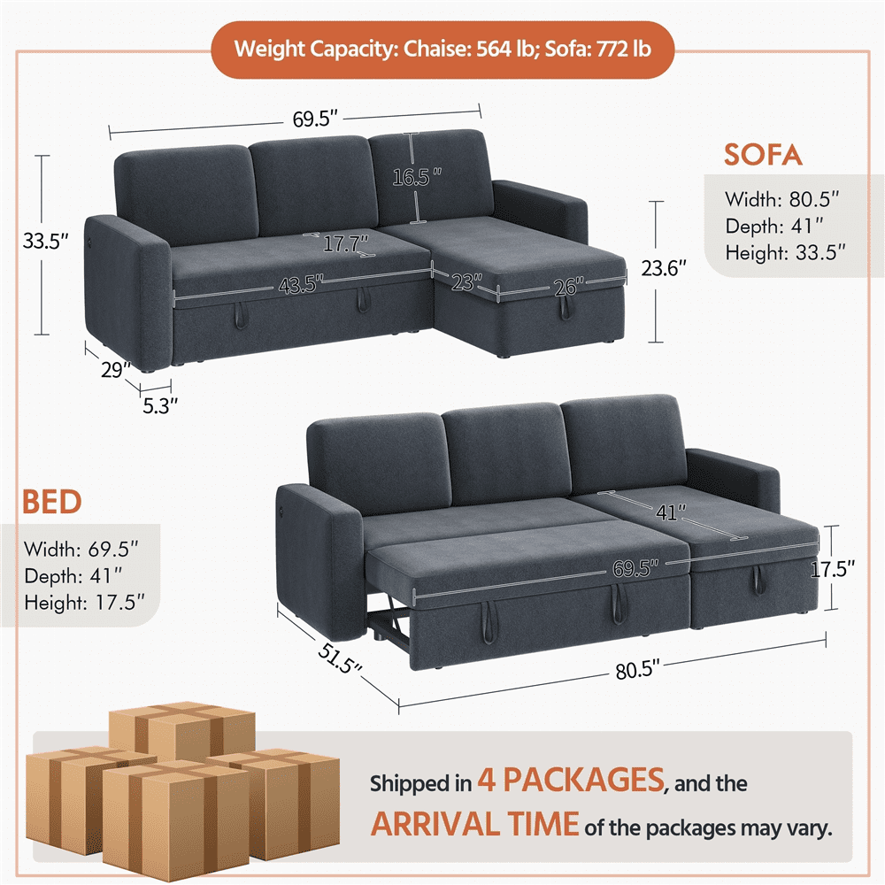 Alden Design Reversible Sectional Sofa with Storage Compartment & USB Ports for Livingroom, Dark Gray
