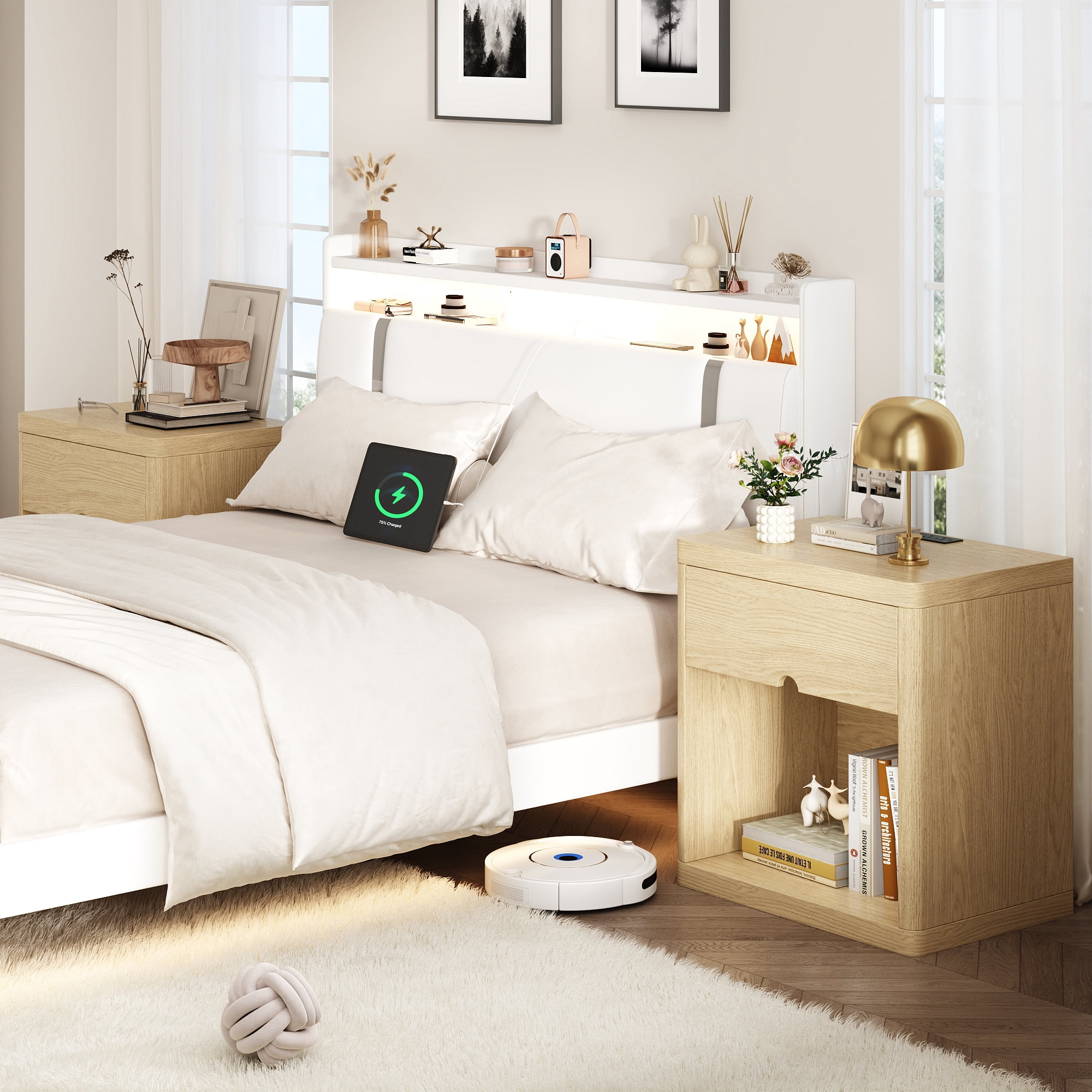 Set of 2 Wood Nightstands with USB Charging Station, 24" Bedside Tables with Safe Rounded Corners & Crescent Handles - Sturdy End Tables for Bedroom, Living Room, Nursery (Wood, 2-Piece Set)