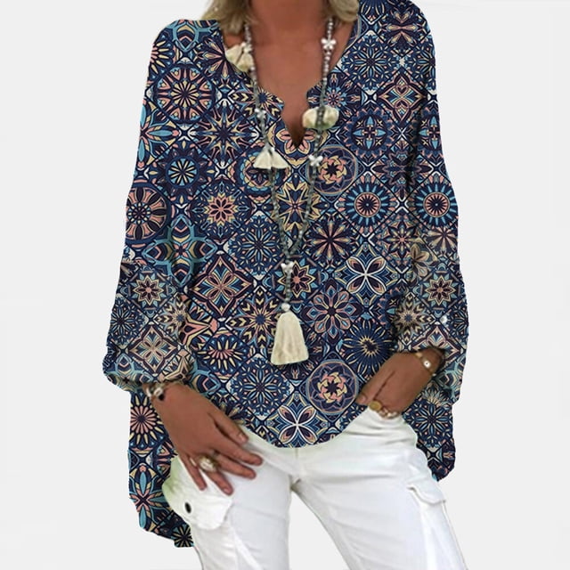 Blouse Ample à Imprimé Bohème pour Femme, Manches Longues, Col en V, Chemise Ample