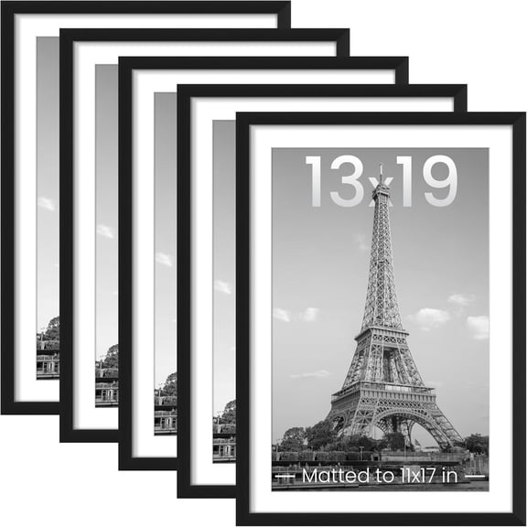 13x19 Picture Frame Set of 5, Display Pictures 11x17 with Mat or 13 x 19 Without, Wall Gallery Poster Frames, Black
